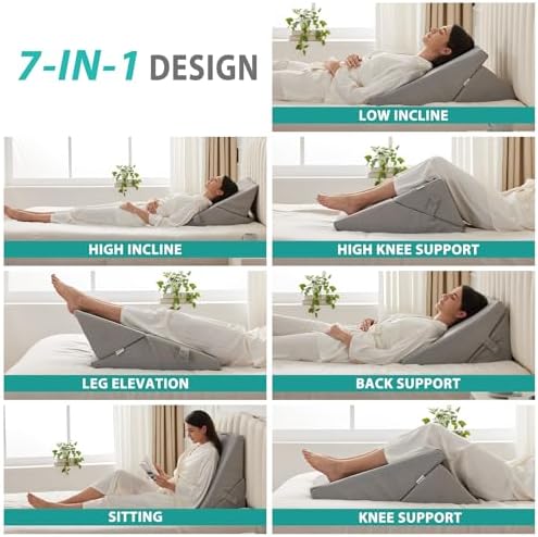 Bedluxe Wedge Pillow for Sleeping, Adjustable 9&12 Inch Foldable Bed Wedge Pillow Set, Orthopedic Memory Foam Triangle Pillows Wedge, 7-in-1 Elevated Pillows for Leg and Back Support, Grey - Image 2