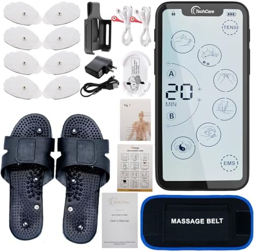 Tens Unit Muscle Stimulator Massager 24 Modes Touch Screen Pain Reliever Set with Massager Belt+Reflexology Slippers Sciatica Back Shoulder Pain Relief Combo Set by TechcareMassager