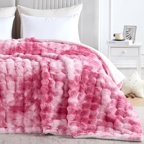 60x80 Inches Ultra-Soft Fuzzy Faux Fur Plush Twin Size Blanket - Thick, Warm Sherpa for Couch, Sofa, Bedroom, Camping - Decorative Blanket for Cozy Warmth, Bubble Pink Tie Dye - Image 6