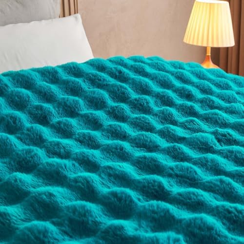 Lotus Karen Faux Fur Throw Blanket Teal - Big Bubble Rabbit Fluff Blanket for Couch Bed Sofa,Softest Fluffy Fuzzy Cozy Blanket,Thick Furry Plush Shaggy Warm Blankets for Women,90x90 Inches - Image 7