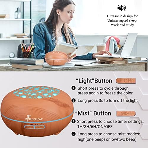 Diffuserlove Essential Oil Diffuser 550ML Diffuser Remote Control Wood Grain Aroma Diffuser Cool Mist Humidifier with 4 Timer, 7 Color LED Lights, Auto Shut-Off for Home Bedroom Office - Image 5