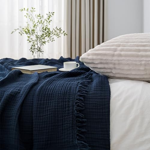 Esterra Muslin Throw Blanket 50x65 Inches Cozy Soft Lightweight Pre-Washed Cotton Blanket, All Season Breathable 4-Layer Gauze Blanket Throw for Sofa Couch Bed, Navy Blue - Image 5