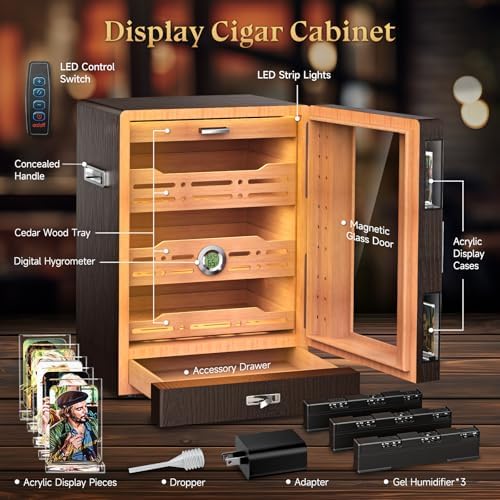 XIFEI Cigar Humidor Cabinet with 5 Acrylic Display Cases, Adjustable LED Lighting, Cedar Wood Shelves & Drawer, Digital Hygrometer, 3 Humidifiers, 100-150 Capacity Desktop Cigar Humidor for Gifts - Image 2