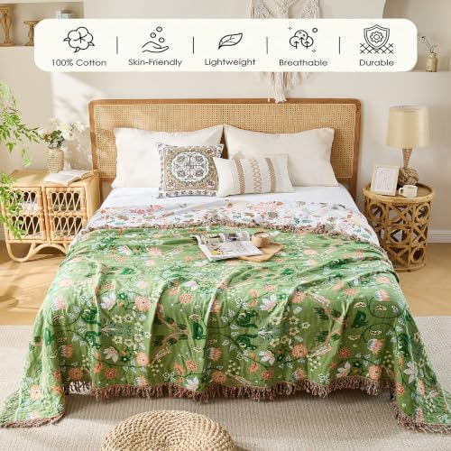VANJOROY Boho Throw Blanket, 100% Organic Cotton Breathable Ultra Soft 91" x 108" King Bed Quilt Throw - All Season Floral Rustic Farmhouse Decor Luxury Blanket for Sofa Couch Chair and Gift - Image 4