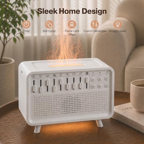 White Noise Machine with 8 Mixable Nature Sounds, Flame Light & Aroma Diffuser – Desktop Sound Machine for Sleep, Office, Yoga & Meditation, with Timer, Bluetooth & USB Power - Image 7