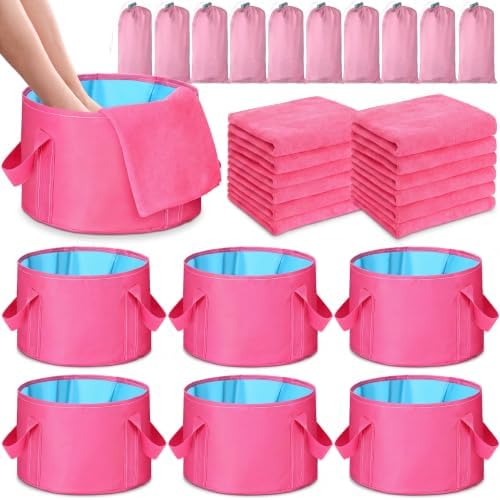 FillTouch 12 Set/ 24 Pcs 15L Foldable Foot Soaking Tub Kit Portable Foot Bath Tub for Soaking Feet with Towel and Storage Bag Soak Spa Bucket for Travel Camping (Rose Red) by FillTouch