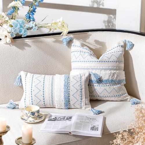 BlissBlush 18X18 Throw Pillow Cover, Coastal Blue Square Decorative Cushion Cover, Boho Accent Pillowcase with Tassels for Couch Sofa Living Room (Cover Only) - Image 2