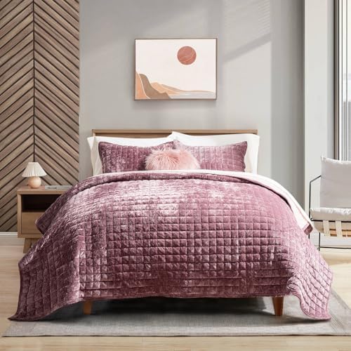 RECYCO Channel Box Stitch Velvet Quilt Set, Twin Size, Dusty Mauve Pink - Image 2
