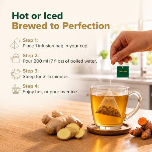 VAHDAM, Turmeric Ginger Herbal Tea Bags (30 Pyramid Tea Bags) Caffeine Free, Non GMO, Gluten Free | 100% Pure Herbal Blend - Savory & Spicy | Individually Wrapped Pyramid Tea Bags | Direct from Source - Image 3