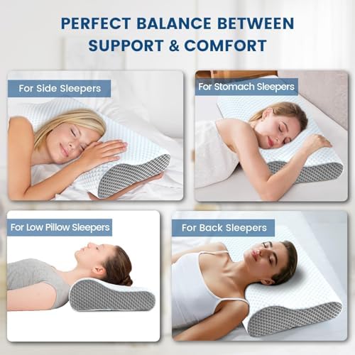 Memory Foam Pillows Neck Pillow Bed Pillow for Sleeping, Ergonomic Cervical Pillow for Neck and Shoulder Pain Relief,Orthopedic Contour Pillow for Side Back Stomach Sleeper(Blue&Grey) - Image 6