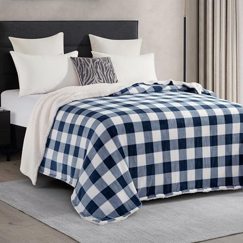 Elegant Comfort Ultra Soft Reversible Buffalo Plaid Flannel Sherpa Blanket - Cozy Silky Checkered Fleece Throw for Couch, Bed - Plush Fuzzy Warm Winter Blanket for Gift, Queen, Navy - Image 3