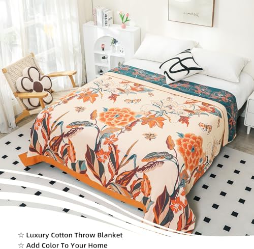 VANJOROY Boho Throw Blanket, 100% Organic Cotton Breathable Soft Lightweight All Season Rustic Bed Throw - Floral Bird Farmhouse Decor Blanket for Sofa Couch Chair Quilt and Gift. 60" x 80" - Image 4