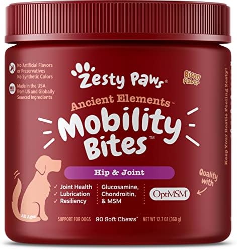 Zesty Paws Mobility Bites Dog Joint Supplement - Hip and Joint Chews for Dogs - Pet Products with Glucosamine, Chondroitin, & MSM + Vitamins C and E for Dog Joint Relief - AE - Bison - 90 Count by ZestyPaws