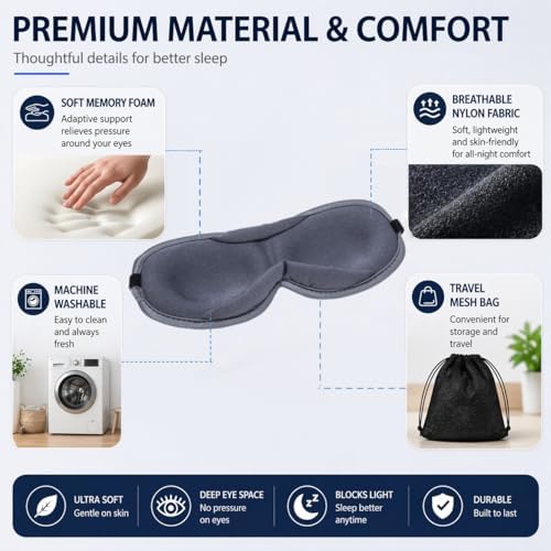 Ultra-Thin 3D Sleep Mask for Side Sleepers Women Men, Contoured Eye Mask for Lash Extensions, Light Blocking, Soft Breathable Lightweight Eye Mask for Sleep, Travel, Meditation,Airplane (Gray) - Image 6