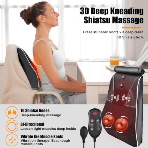 Shiatsu Back and Neck Massager with Heat. Back Massager for Pain Relief deep Tissue, 3D Kneading Massage Pillow or Back,Shoulder,Leg,Gifts for Mom,Dad,Women (Black) - Image 3