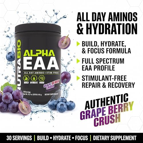 NutraBio Alpha EAA - All-Day Amino Acids for Muscle Growth and Hydration - Essential Amino Acids with Nootropics & Adaptogens- Full Spectrum EAA BCAA Powder - 30 Servings - Grape Berry Crush - Image 3