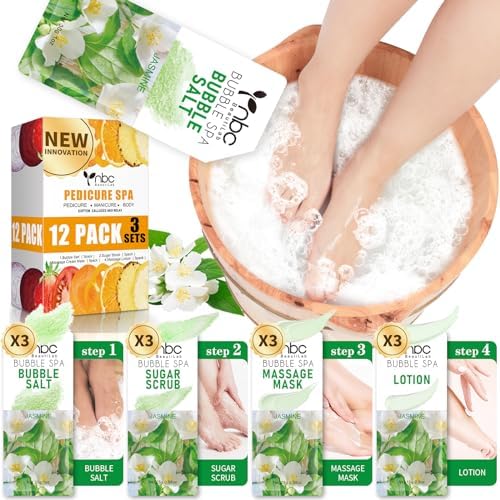 Pedicure Kit Foot Soak Set: Bubble Salt, Sugar Scrub, Massage Mask, Massage Lotion in a Box, 4 Step Foot Spa Kit for Dry Feet, Calluses and Tired Feet(3 Set Jasmine) by nbcBeautiLab