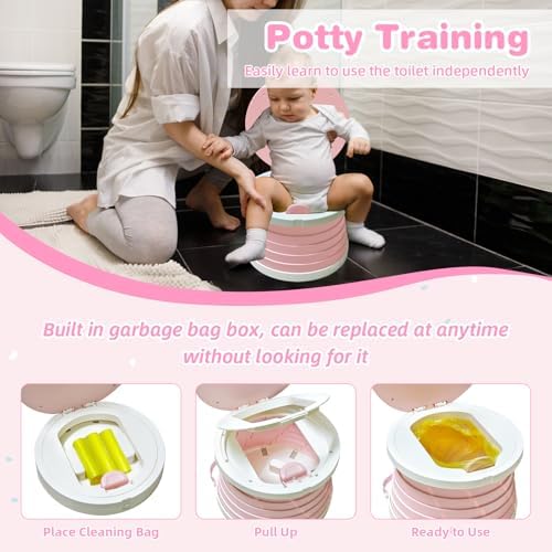 Portable Potty for Toddlers, Foldable Travel Potty with 5-Second Fold, Splash-Proof, Standalone Emergency Toilet with 3 Roll Waste Bags, Road Trips, Camping, Car, Outdoor (Pink) - Image 3