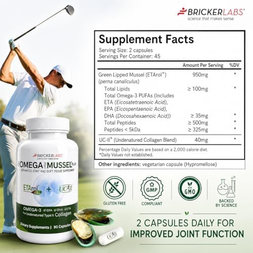 Bricker Labs Omega Cyclo Mussel Plus UC-II® | ETArol® New Zealand Green-Lipped Mussel with UC-II® Undenatured Type II Collagen | Joint Comfort, Mobility & Healthy Inflammatory Response | 90 Capsules - Image 6