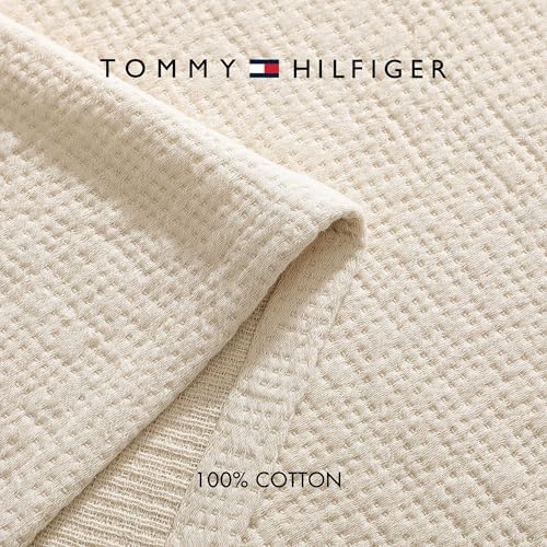 Tommy Hilfiger - Twin Cotton Blanket, Woven Running Stitched Bedding, Medium Weight Soft Blanket, Anti-Pilling & Fade Resistant, Ideal for Layering, Oeko-TEX Certified (Beige) - Image 5