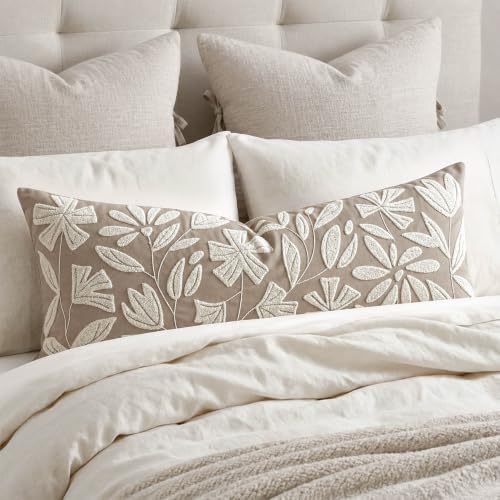 BlissBlush Long Lumbar Pillow Cover 14x36 for Bed, Light Taupe Floral Tufted Velvet Accent Oversize Throw Pillowcase for Bedroom, Cover Only by BlissBlush