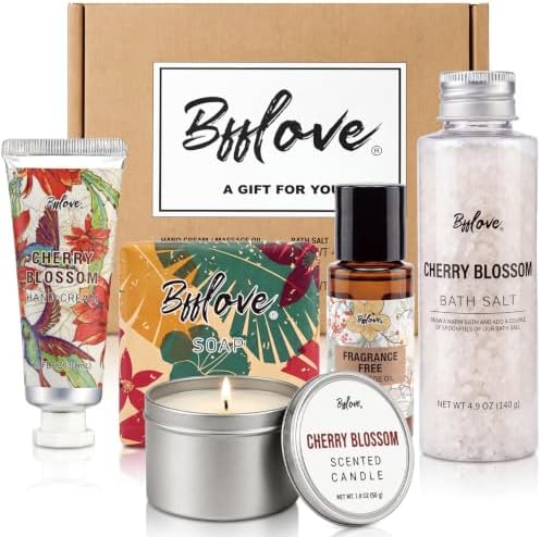 BFFLOVE Gift Set for Women 5pcs Cherry Blossom Spa Set, Birthday Presents for Her with Massage Oil, Scented Candle, Bath Salts, Hand Cream, Mothers' Day Gifts for Her by BFFLOVE