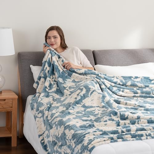 Berkshire Blanket-Classic Heavyweight Soft Printed VelvetLoft® Plush Blanket, Full/Queen Size Soft Fuzzy Warm Blanket for Couch Sofa Bed, Floral Blue, 90in x 90in - Image 3