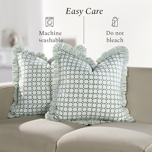 CPC Kelly Green Hand Block Print 100% Cotton Ruffle Throw Pillow Cover 18x18 inch with Hidden Zipper Decorative for Couch, Bed, Sofa, Farmhouse, Cottagecore Decor Gift Christmas Fall Thanksgiving - Image 6