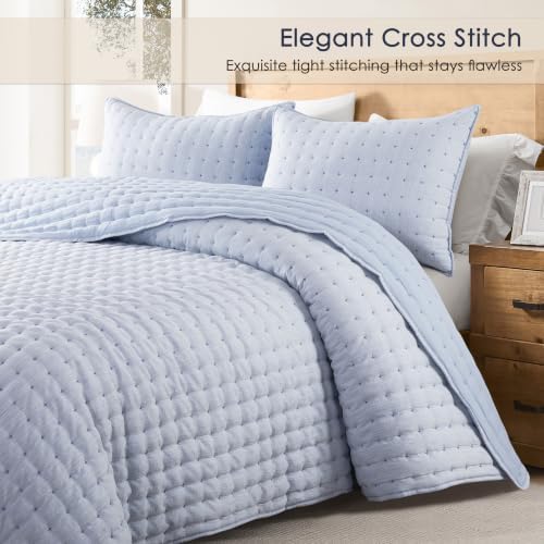 WDCOZY Blue Oversized King Quilt Set, California Cal King Rustic Bedspread, Textured Like Linen, Lightweight Soft Farmhouse Coverlet, Spring Summer Thin Comforter, 3 Pieces, 116x106 inches - Image 2