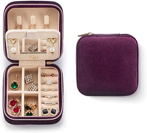 ZPROW Plush Velvet Travel Jewelry Case, Travel Jewelry Organizer, Jewelry Travel Case, Travel Jewelry Box, Small Jewelry Case for Women,Jewelry Travel Box, Earring Organizer with Mirror - Purple by ZPROW