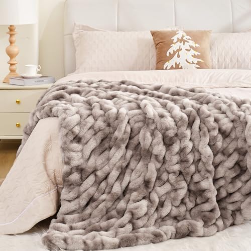 Touchat Ruched Rabbit Faux Fur Blanket Twin, Fluffy Soft,Tie-dye Coffee - Image 5