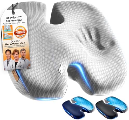 Seat Cushion, BodySync™ Technology with Non-Slip Gel & Memory Foam for Tailbone, Sciatica & Back Pain Relief, Office Chair Cushion, Car Seat Cushions for Driving (Light Grey) by TopComfort