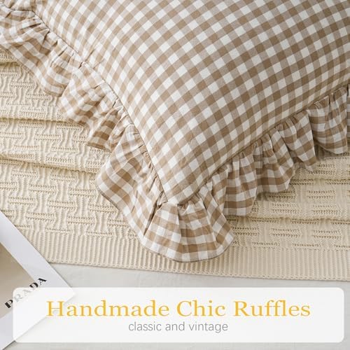 2 Pack Taupe/Brown Plaid Ruffle Throw Pillow Covers Farmhouse 20"x20" Brown - Image 6