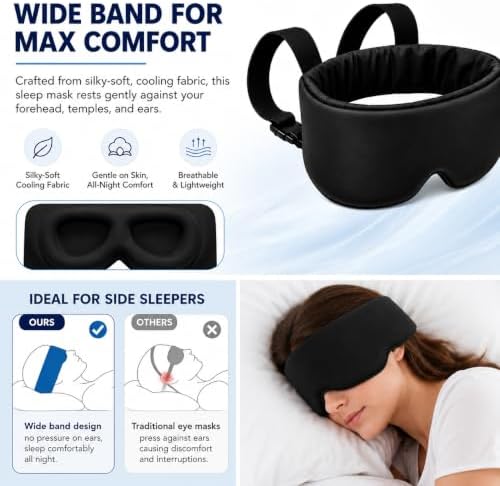 ALASKA BEAR 3D Contoured Silk Wide Band Eye Mask, Ultra Soft Travel Pillow with Neck Support, Zero Pressure Blackout Eye Cover for Men & Women, Adjustable Strap Sleeping Blindfold, Black - Image 3