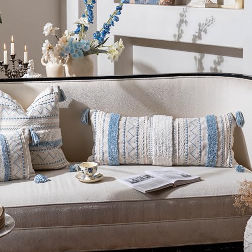 BlissBlush 14x36 Lumbar Pillow Cover for Bed, Rectangular Long Decorative Throw Pillowcase, Boho Accent Cushion with Blue Tufted Pattern and Tassels, Cream Neutral (Cover Only) - Image 3