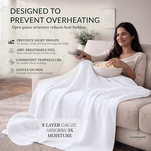 CLOUDSCAPE 8 Layer 100% Muslin Cotton Throw for Adults, Soft 50"x70" -White - Image 4