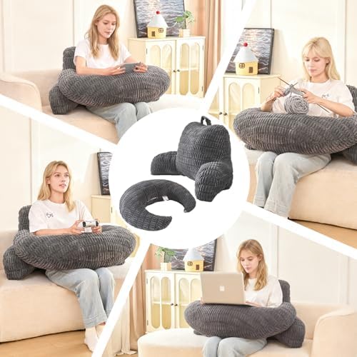 19" Reading Pillow for Bed,U Shaped Arm & Elbow Support,Gray Corduroy - Image 5