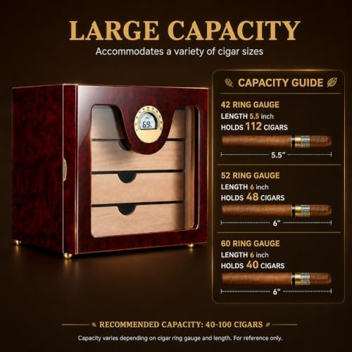 Woodronic Cigar Humidor Cabinet for 50-100 Cigars with Humidifier and Hygrometer, Spanish Cedar Lined Trays and Dividers, Rosewood Finish, Gift for Men - Image 4