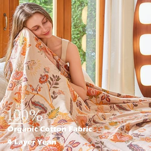 VANJOROY Boho Throw Blanket for Bed Couch 50" x 60", 100% Organic Cotton Skin-Friendly Ultra Soft Quilt Throw - Floral Rustic Living Room Decor Luxury Reversible Blanket for Sofa Chair and Gift - Image 5