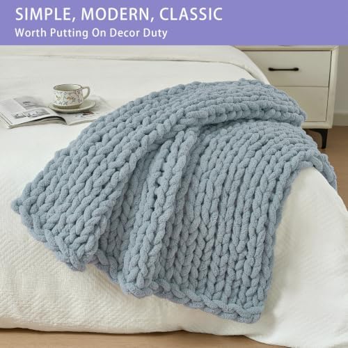 Bigacogo Chunky Knit Throw Blanket for Couch, 40x40 inches, Dusty Blue - Image 3