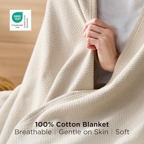 Bedsure 100% Cotton Blanket, Herringbone Weave, Twin-XL, Linen Beige - Image 3