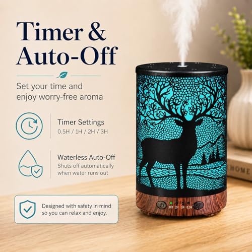 Essential Oil Diffuser 120ML Metal Aromatherapy Diffuser with Timer, Cool Mist Humidifier with Auto Shut-Off & 7 Color Lights for Home Office Spa (Forest Deer) - Image 5
