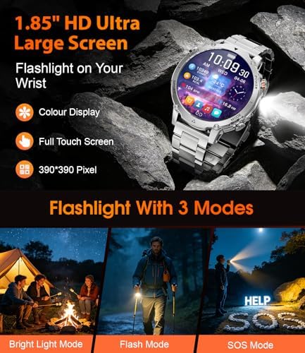 LIGE Military Smart Watch for Men, 1400mAh 60-Days Battery, 1.85" HD Smartwatch with LED Flashlight, 100+ Sports Mode, IP68 Waterproof, Pedometer, Fitness Watch for Android iOS (Sliver) - Image 3