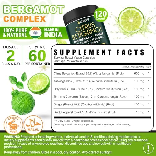 Herbpy 6in1 Citrus Bergamot Supplement with Ashwagandha, Holy Basil, Turmeric & Ginger Root - Healthy Aging, Immune & Relaxation - 120 Vegan Capsules - Image 6
