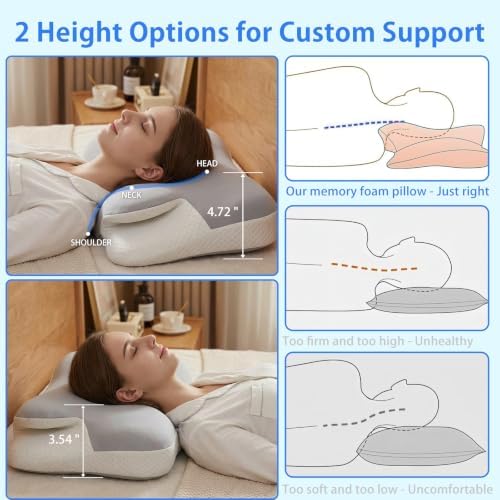 Ergonomic Cervical Pillow for Neck Pain, Dual-Height Memory Foam for Side/Back Sleepers 3.5/4.7in, Cooling Gel Orthopedic Bed Pillow with Washable Cover, 22.8x15in Grey/White - Image 3