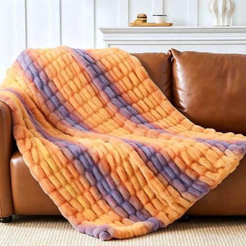Touchat Ruched Rabbit Faux Fur Throw Blanket,Fluffy Soft Cozy, Colourful by TOUCHAT