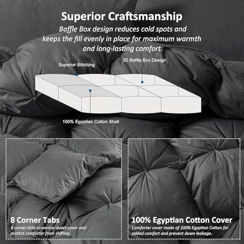 Luxurious Heavyweight Goose Down Feather Fiber Comforter Duvet Insert, Exquisite Gray Pinch Pleat Design, Super King 120 x 120, Premium Baffle Box 100% Egyptian Cotton, 85 oz Fill Weight - Image 6
