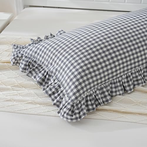 Grey/White Plaid Ruffled Checkered Body Pillow Sham 20x54 inches 1 Piece - Image 4