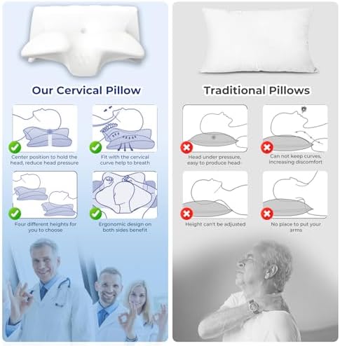 Cervical Pillow for Neck Pain Relief, Cooling Contour Memory Foam Pillows Support Odorless Ergonomic Neck Pillow Adjustable Orthopedic Bed Pillow for Side Back Stomach Sleeper with Pillowcase,Cream - Image 2