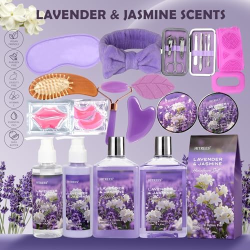 24-Piece Luxury Body Gift Set for Women, Spa Gift Basket Set, Lavender Home Spa Gifts for Women With Face Rollar tool, Bubble Bath, Facial Care, Bomb, Oil, Facial Skin Care gift set for Mother Her - Image 2